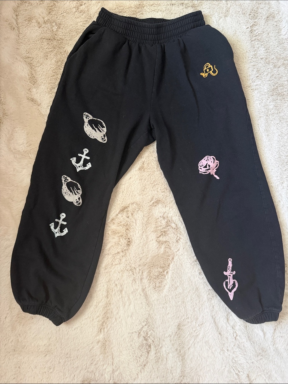 Primark Black Joggers with Pink & Yellow Graphic Prints Rita Ora Collection